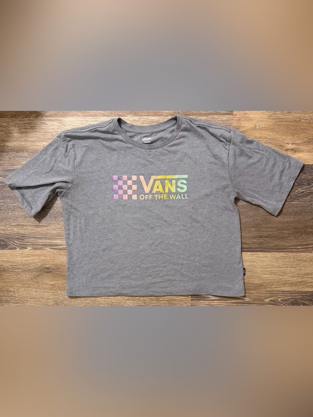 Vans Cropped Gray Pastel Checkerboard Logo Tee Medium